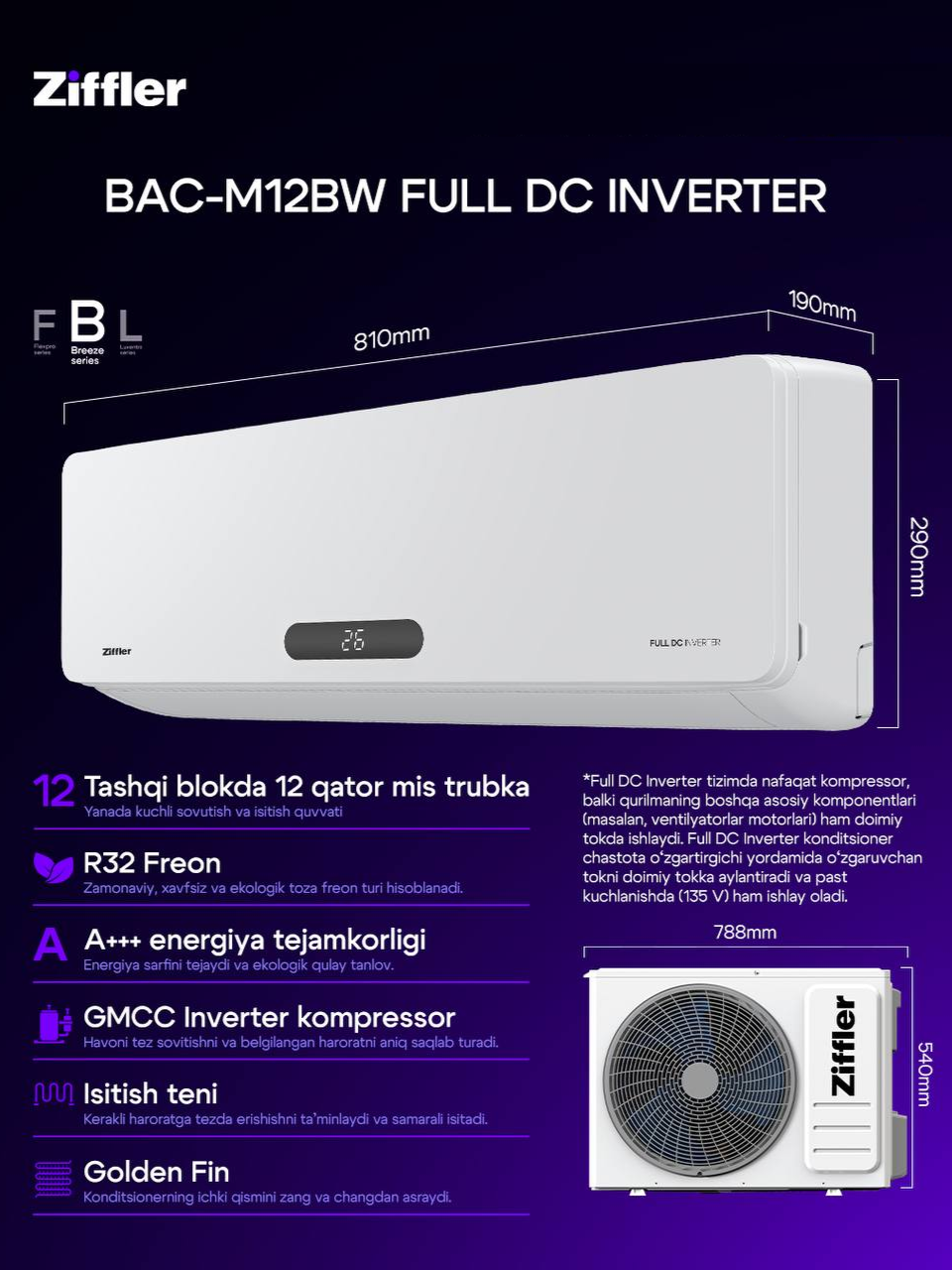 Konditsioner Ziffler BAC-M12BW Full DC Inverter, oq