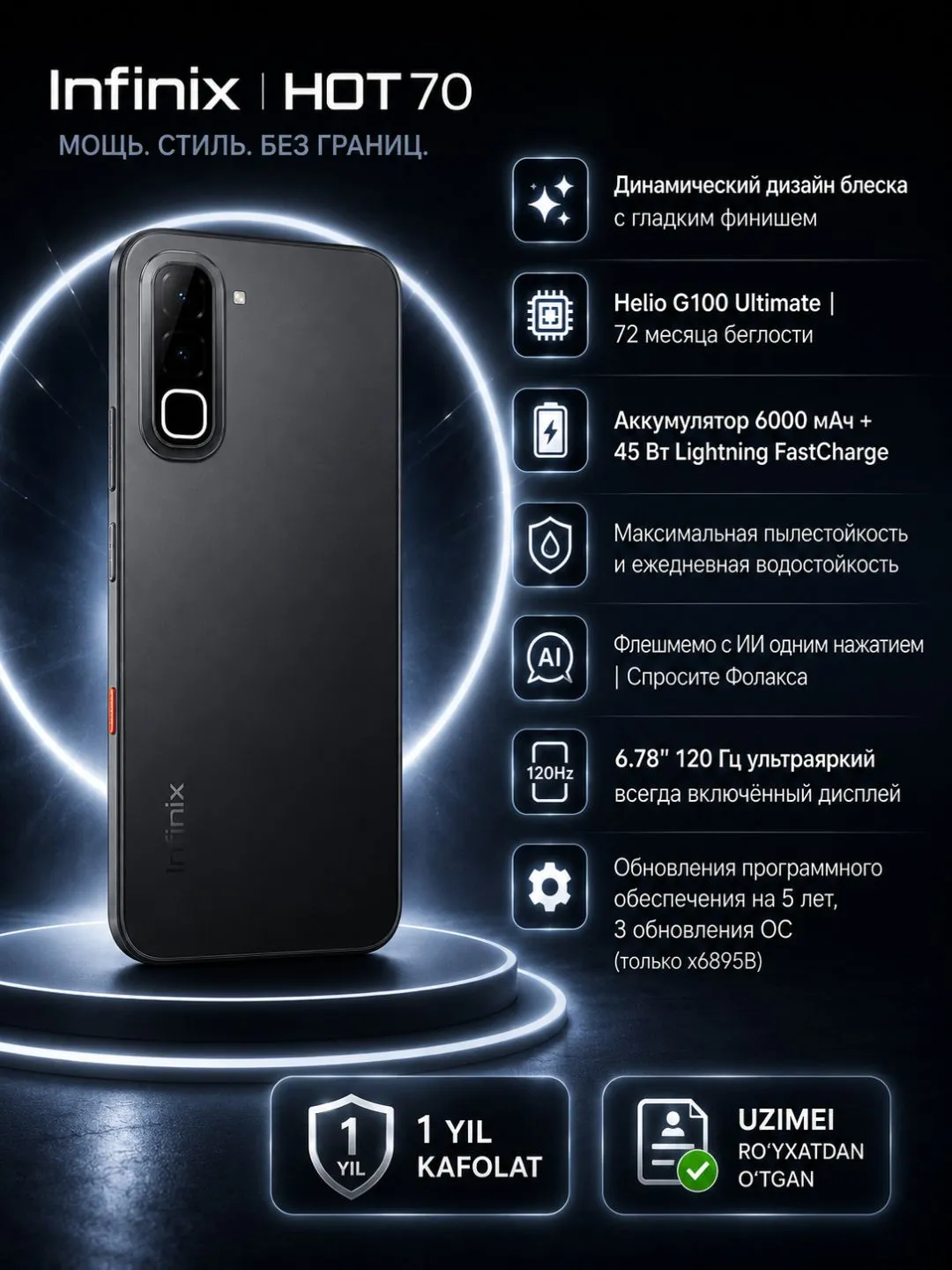 Смартфон Infinix HOT 70 4/128 ГБ, Night Pulse