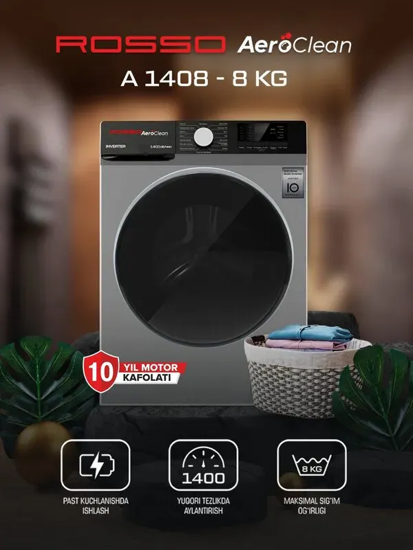 Kir yuvish mashinasi Rosso AeroClean A1408 GR 8 kg Inverter, kulrang