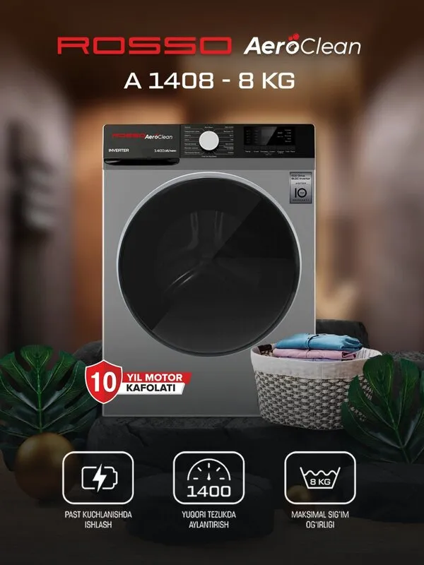 Стиральная машина бытовая ROSSO AeroClean A1408 GR 8Kg Inverter, Серый