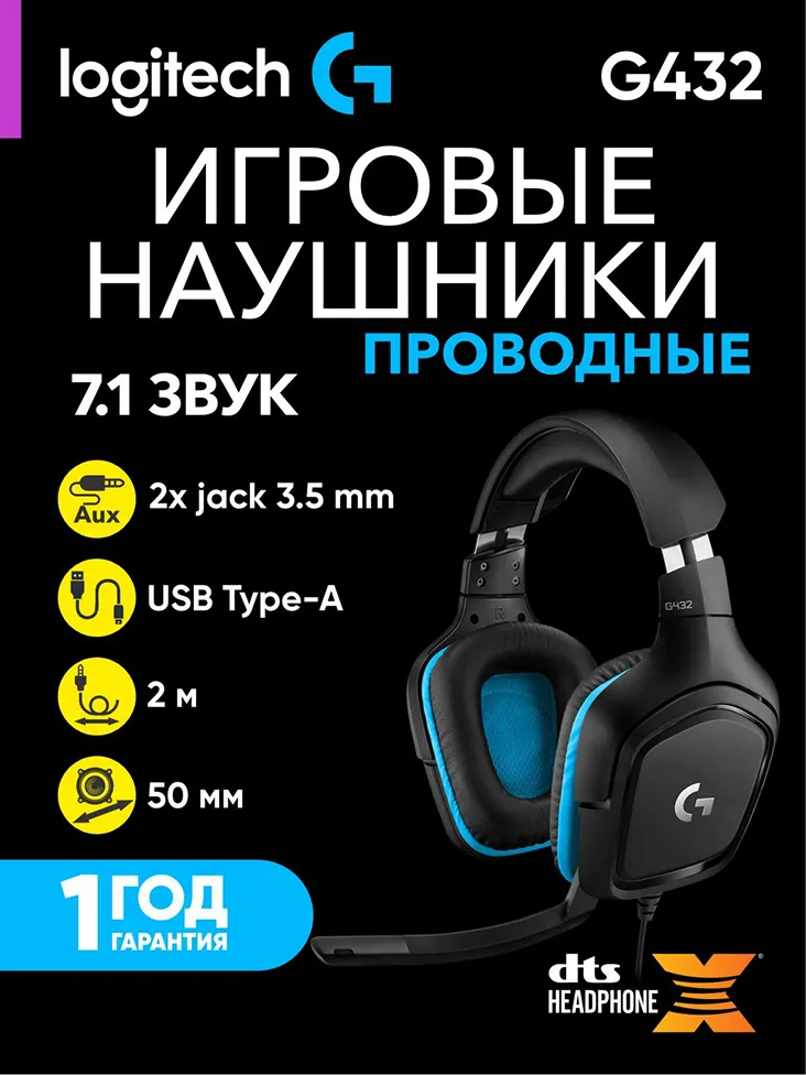 Полноразмерные наушники Logitech G432, Черно-синий