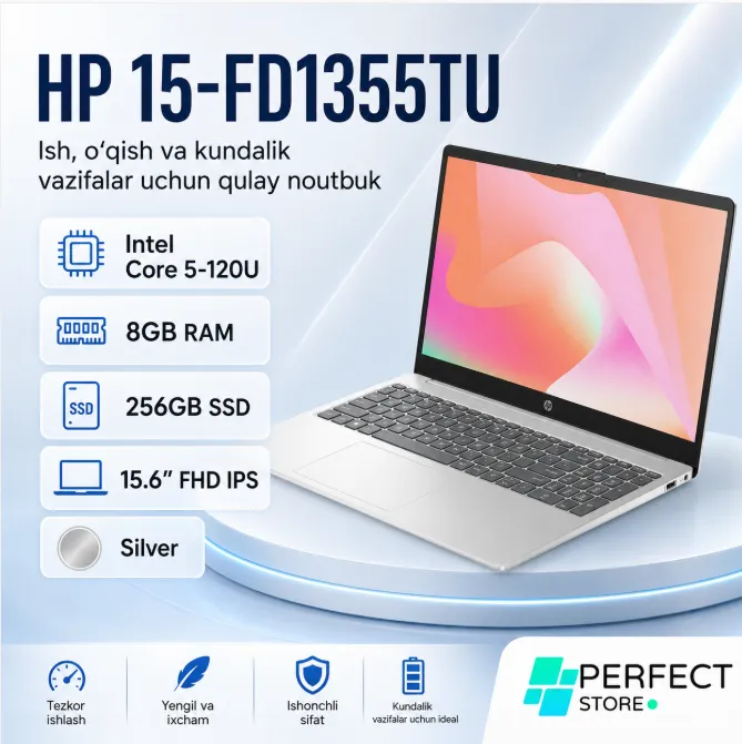 Noutbuk HP LAPTOP 15-FD1355TU / i7-1355U / 8 GB / SSD 256 GB / 15.6",, Silver