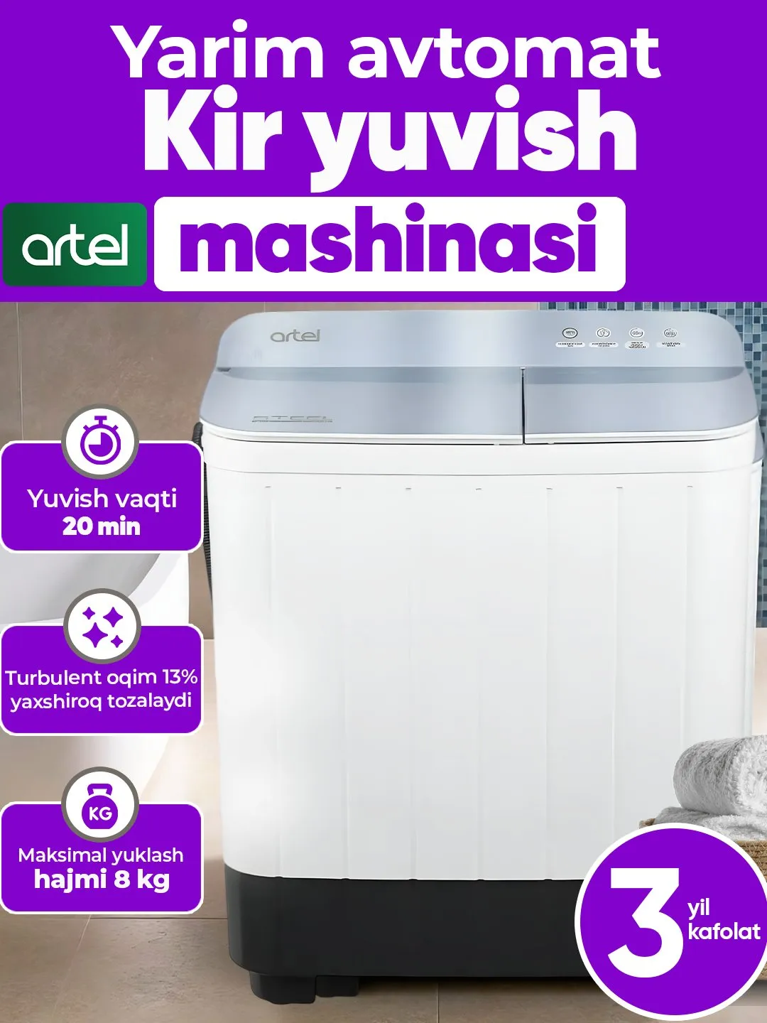 Kir yuvish mashinasi Artel TG80FMP, kulrang