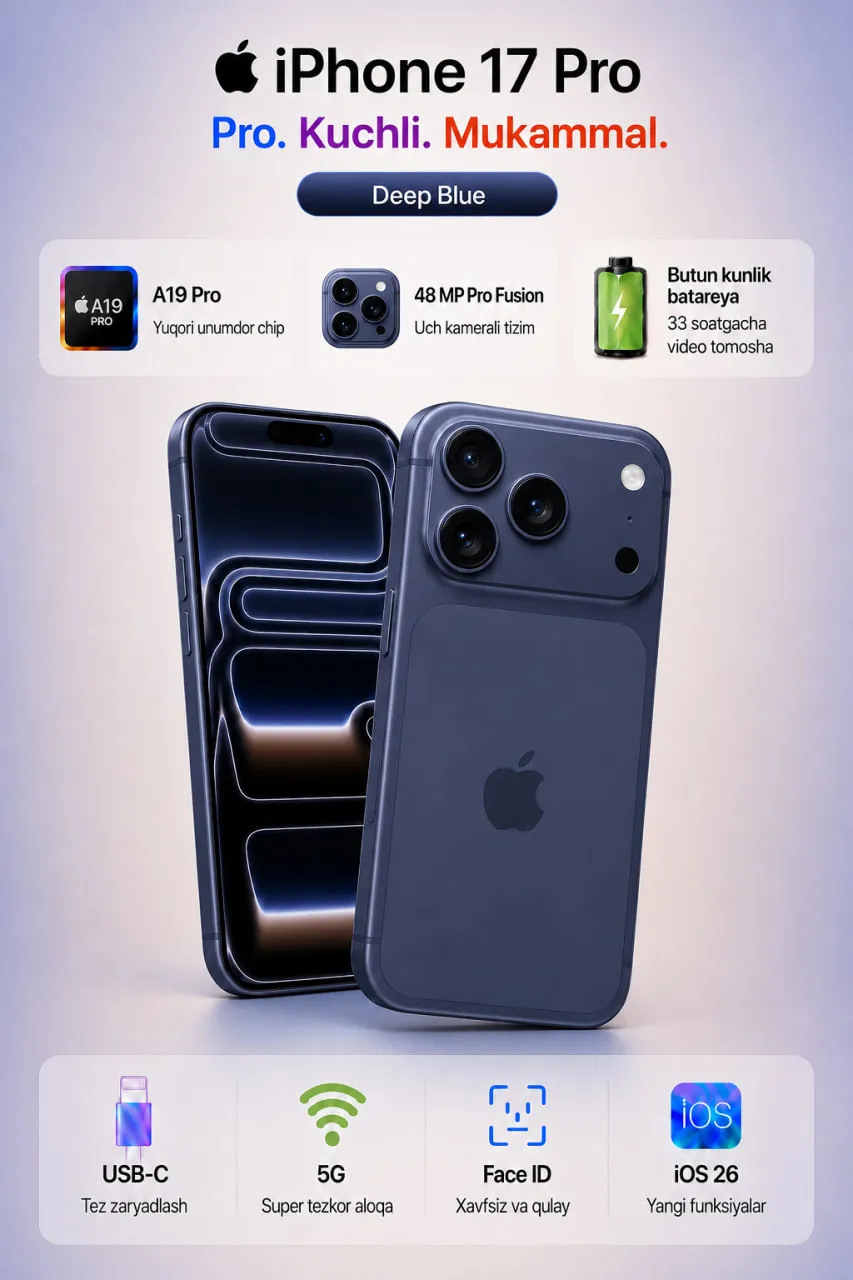 Смартфон Apple iPhone 17 Pro iOS 26 256 ГБ (eSIM), Deep Blue