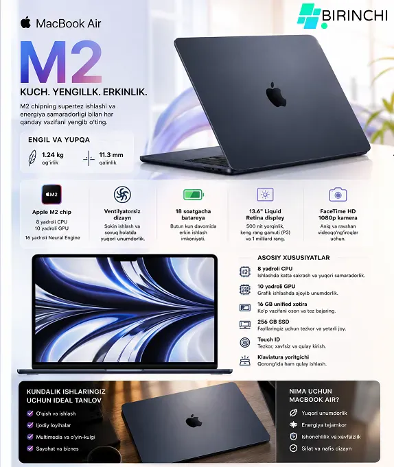 Noutbuk Apple MacBook Air / M2 / 16 GB / SDD 256 GB / macOS / 13.6", Midnight