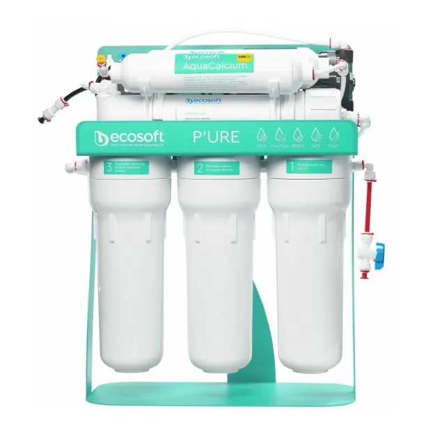 Filtr obratnogo osmosa Ecosoft P'URE AquaCalcium Mint s nasosom na stanine, membrana 75gpd DuPont, kartridj AquaCalcium obogashchaet mineralami, drenaj 1:1