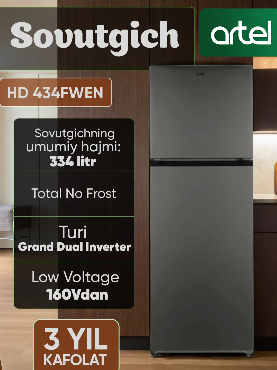 Muzlatgich Artel HD434FWEN, qora