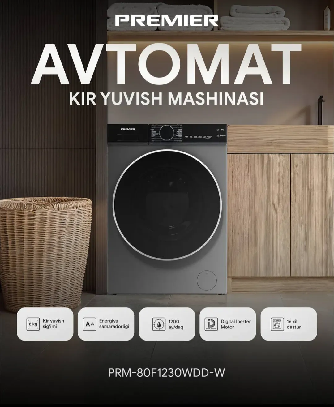 Kir yuvish mashinasi Premier PRM-80F1230WDD-W, kulrang