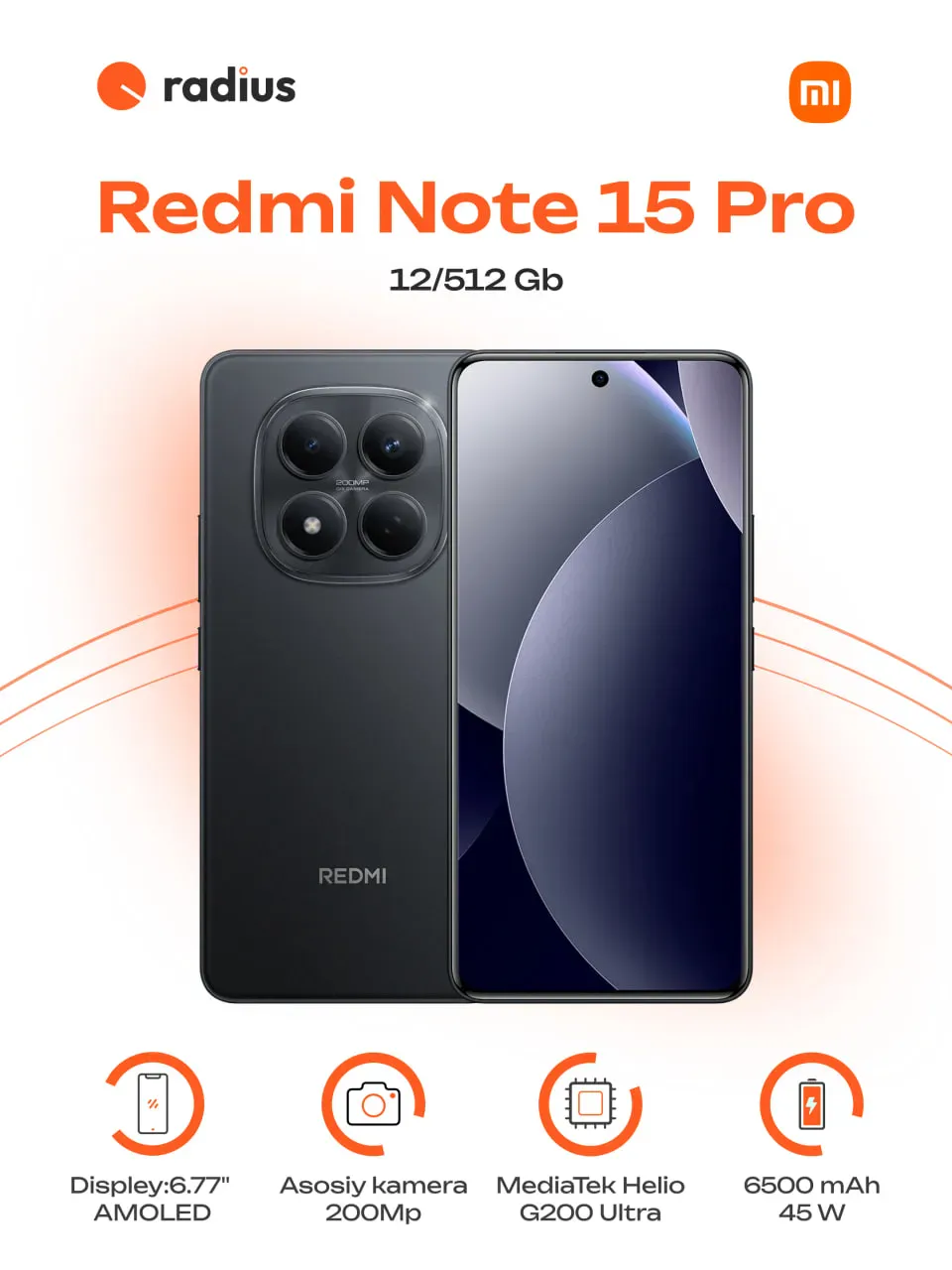 Smartfon Xiaomi Redmi Note 15 Pro 12/512 GB, Qora