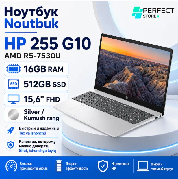 Noutbuk HP 255 G10 AMD / R5 7520U / 16 GB / SSD 512 GB / 15.6", Silver