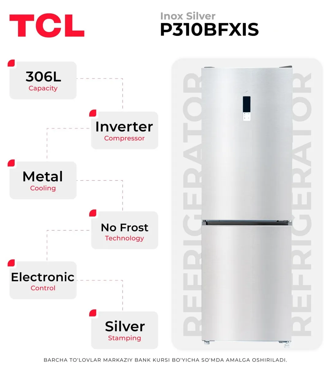 Muzlatgich TCL P310BFXIS, stalnoy