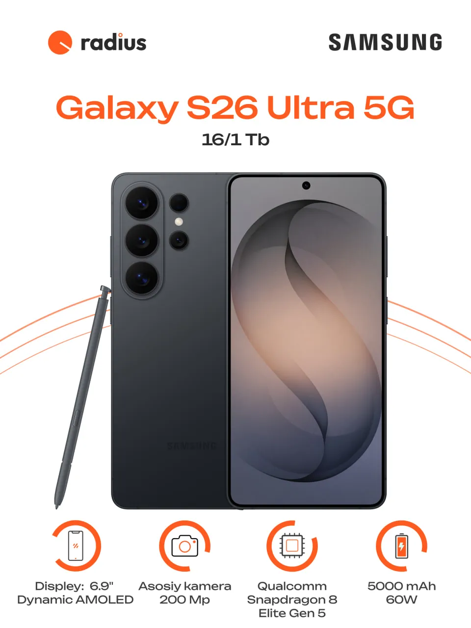 Smartfon Samsung Galaxy S26 Ultra 5G 16/1 TB, Qora