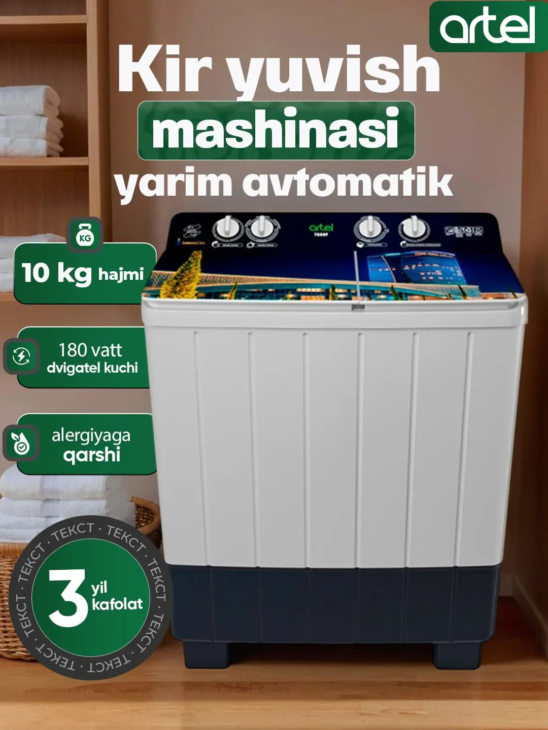 Kir yuvish mashinasi Artel TG 100 FP, oq-ko'k