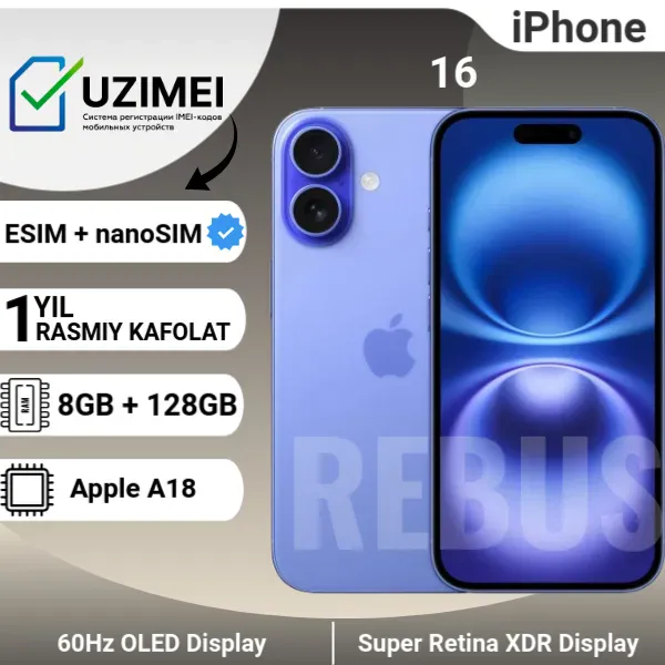 Smartfon Apple iPhone 16 128 GB (nanoSim/eSim), ultramarin