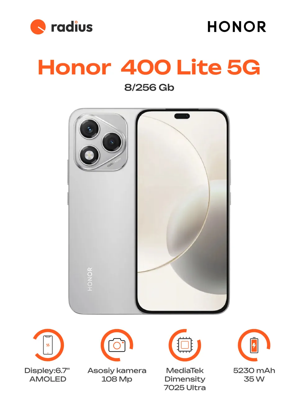 Smartfon Honor 400 Lite 5G 8/256 GB, Velvet Grey