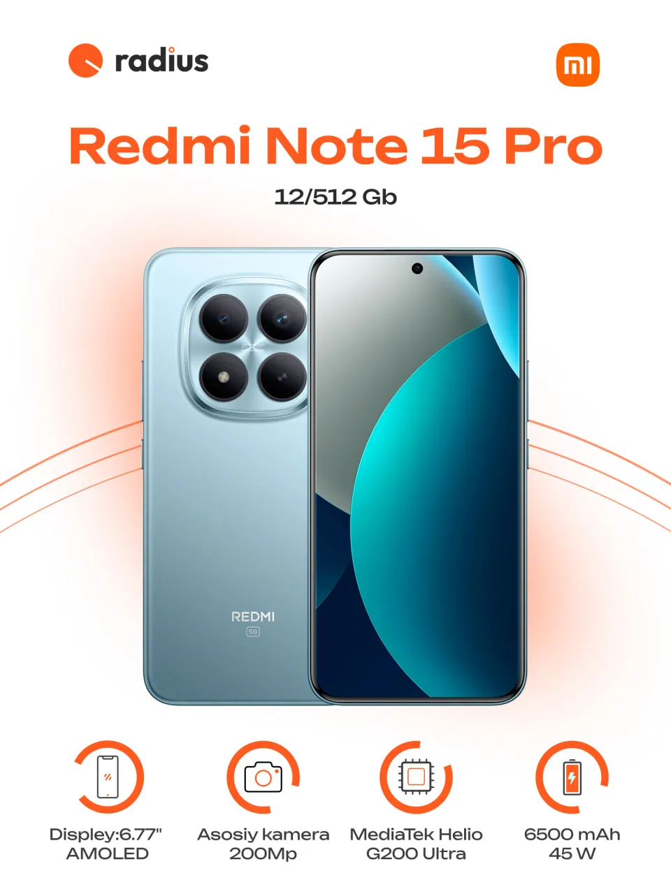 Смартфон Xiaomi Redmi Note 15 Pro 12/512 ГБ, Glacier Blue