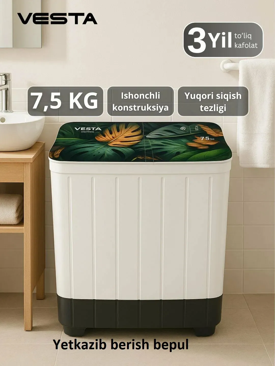 Kir yuvish mashinasi Vesta WMG75FP 7.5 kg, kulrang