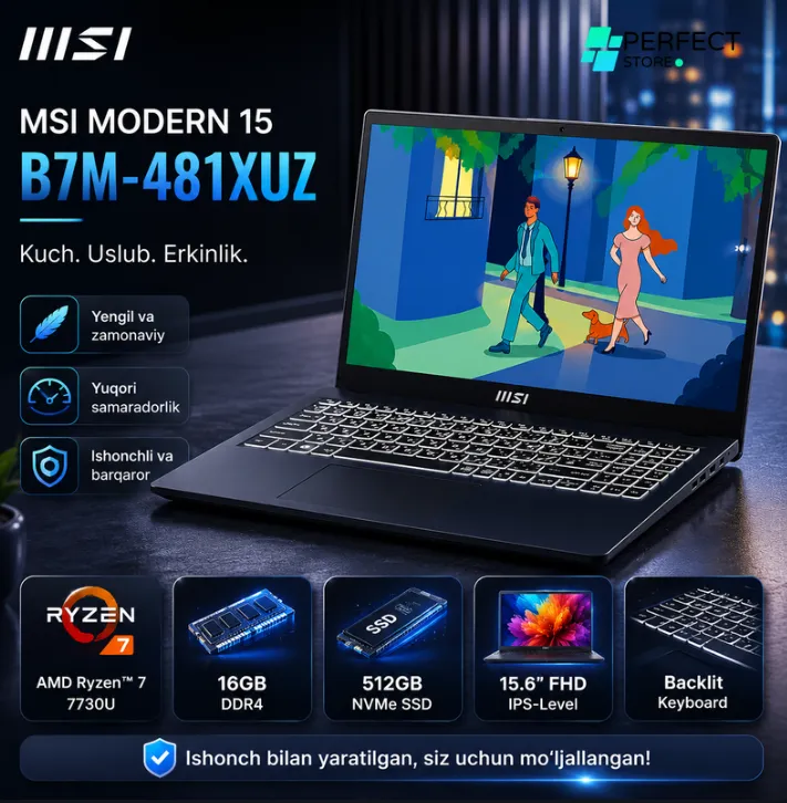 Noutbuk MSI MODERN 15 (B7M-481XUZ) / R7-7730U / 16 GB / SSD 512 GB / 15.6" Space Black