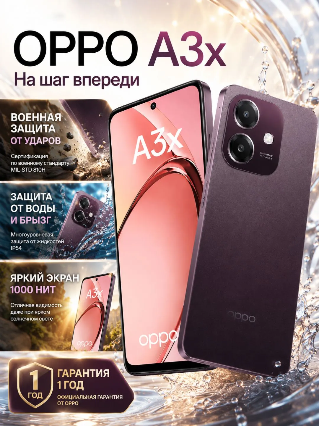 Смартфон Oppo A3X 4/128 ГБ, Nebula Red