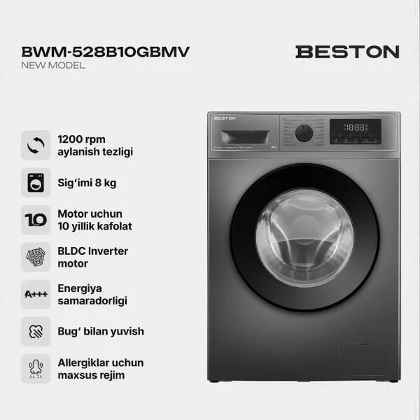 Стиральная машина Beston 528B10GBMV 8 кг, серый
