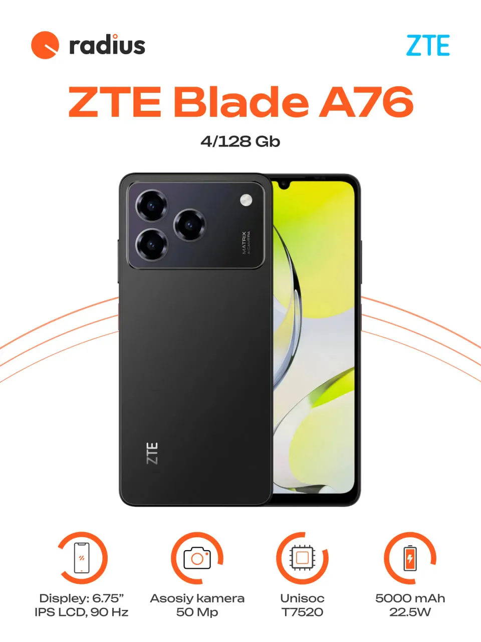 Smartfon ZTE Blade A76 4/128 GB, qora