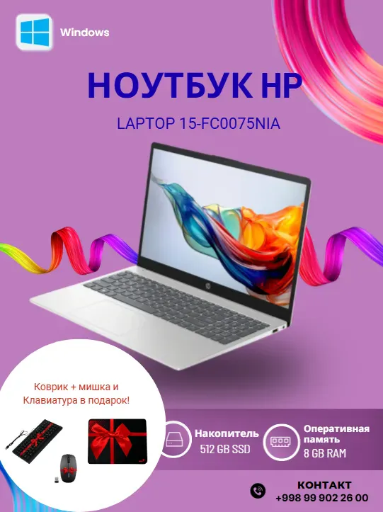 Noutbuk HP Laptop 15-fc0075nia / AMD Ryzen 7 5825U / 8GB 512GB / 15.6" FullHD IPS, Silver